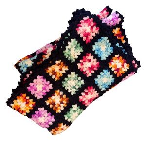 Vintage Handmade Crocheted Granny Square Blanket Black Multi Color Afghan 43x60